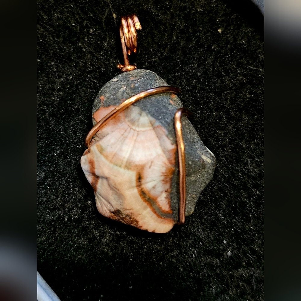 Rare Handcrafted Pink and Gray Thompsonite Wire-Wrapped Pendant